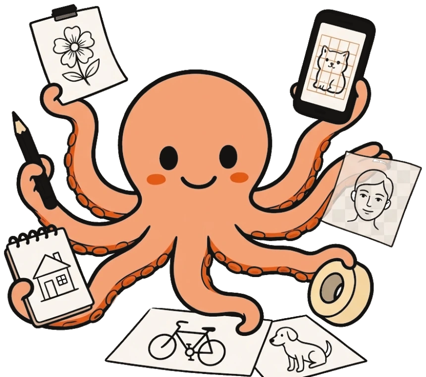 Arty, Art Overlay's octopus mascot, holding a pencil, a phone and a stack of drawings